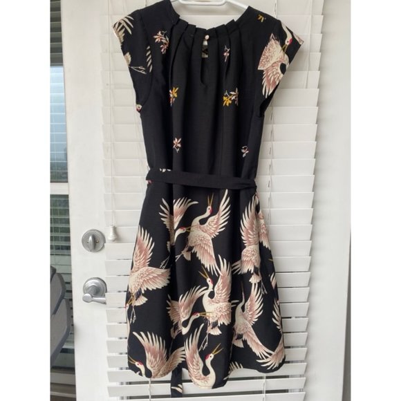 Onze Montreal - Black Crane Dress - pockets, tie waist, cap sleeves - Picture 1 of 3